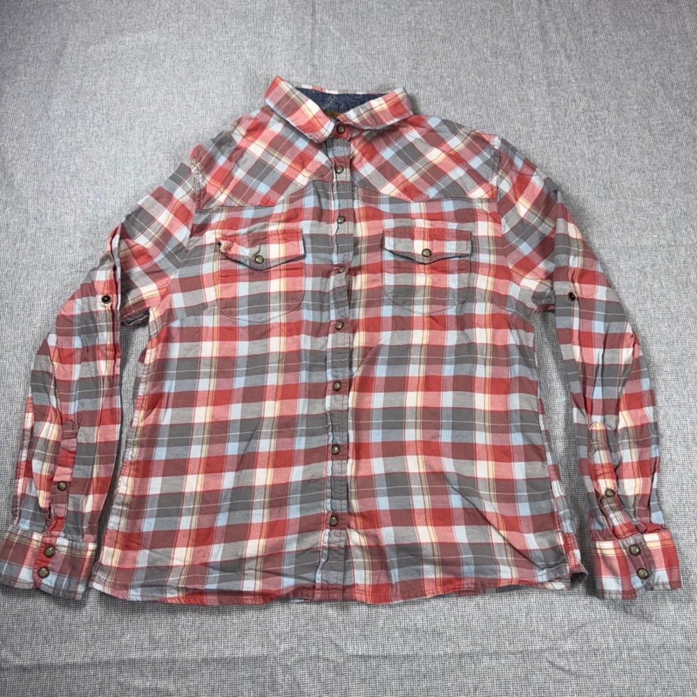 Jacks Girlfriend Womens Plaid Western Button Down Shirt Red Grey L 852066